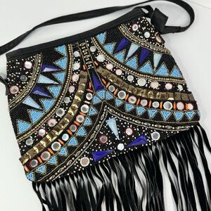 Forever 21 Beaded Fringe Purse Hand Shoulder Bag Black Sparkle Boho Flaws In Pic